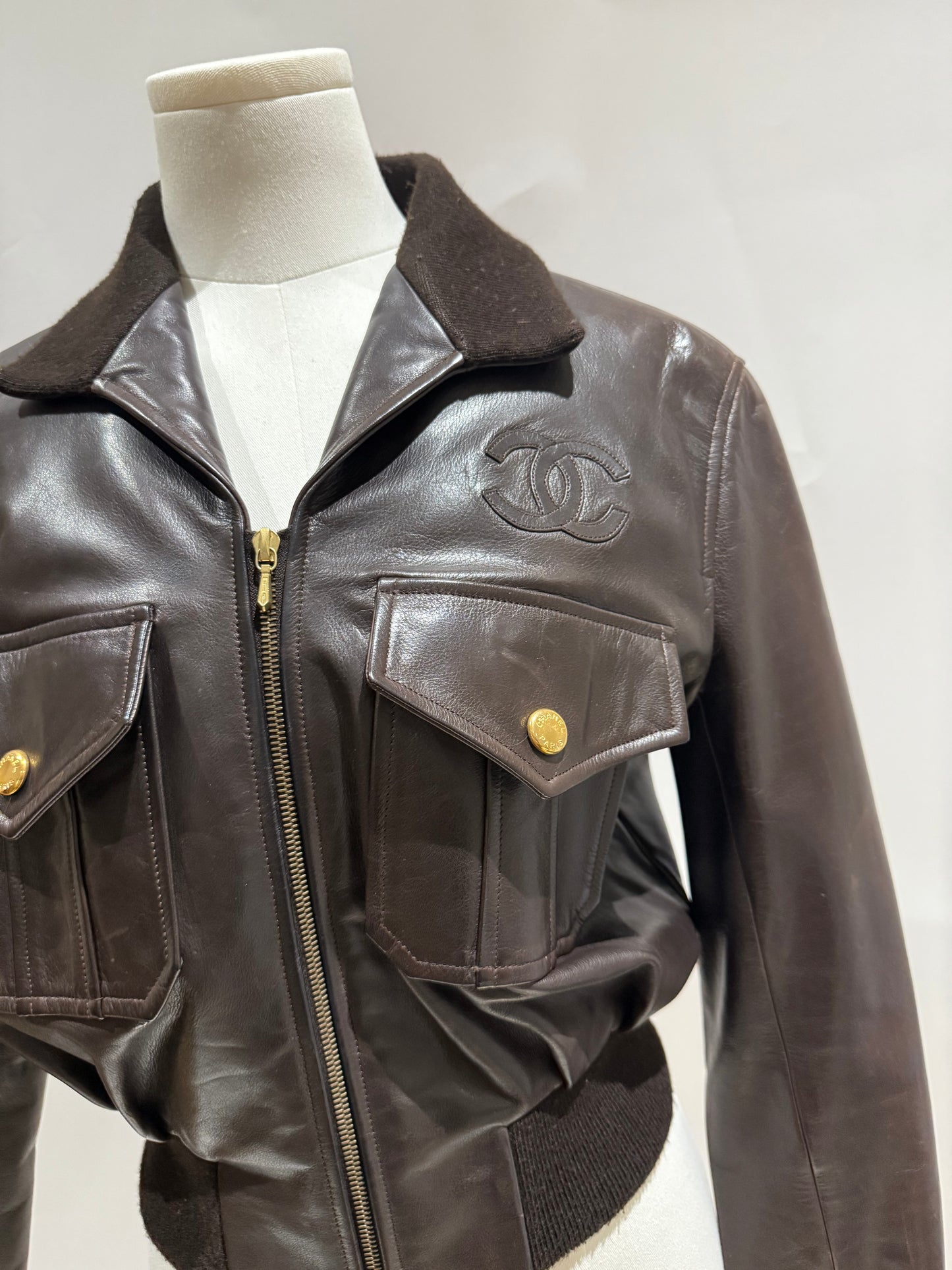 Vintage Chanel Brown Leather Bomber Jacket