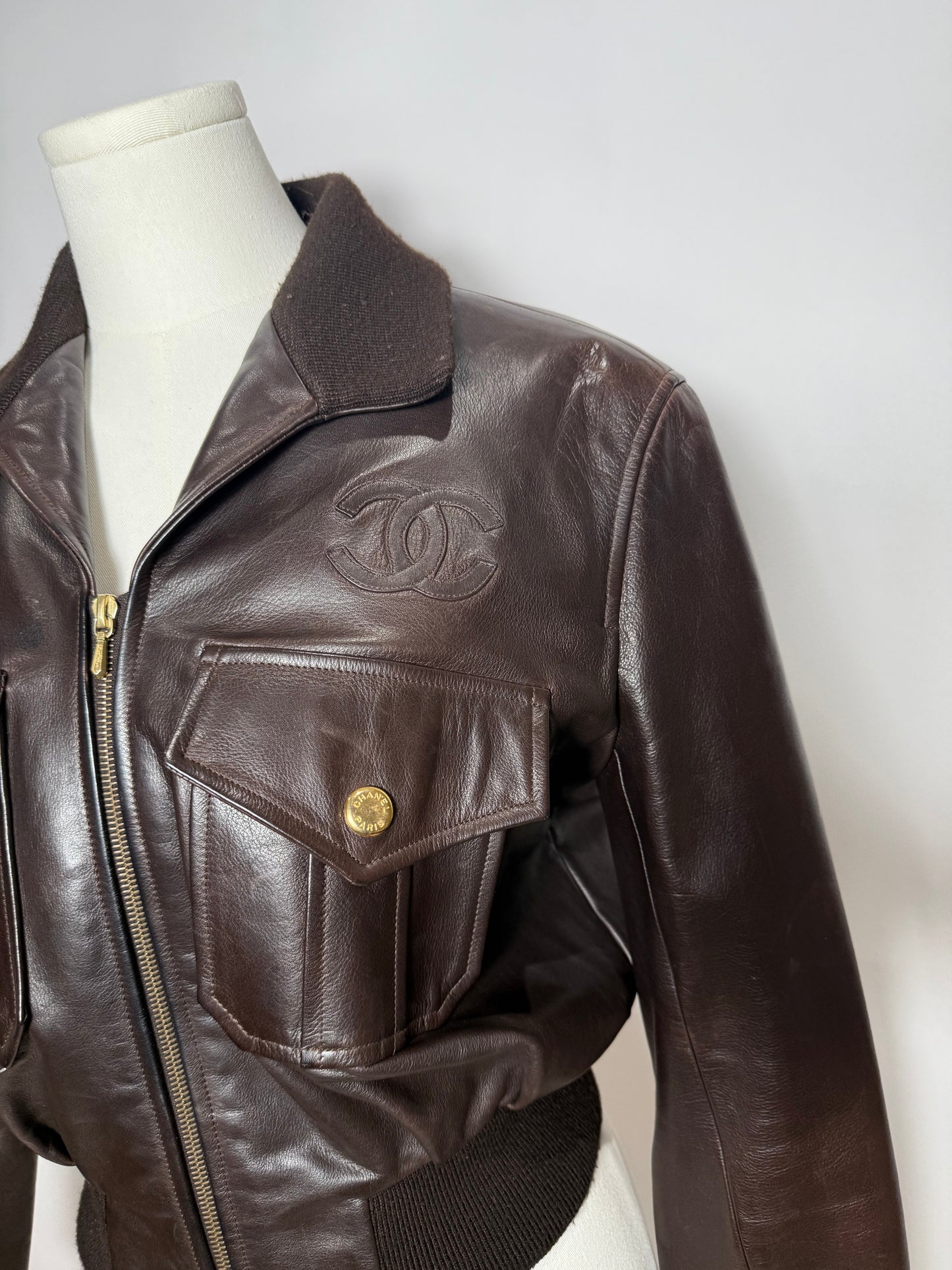 Vintage Chanel Brown Leather Bomber Jacket