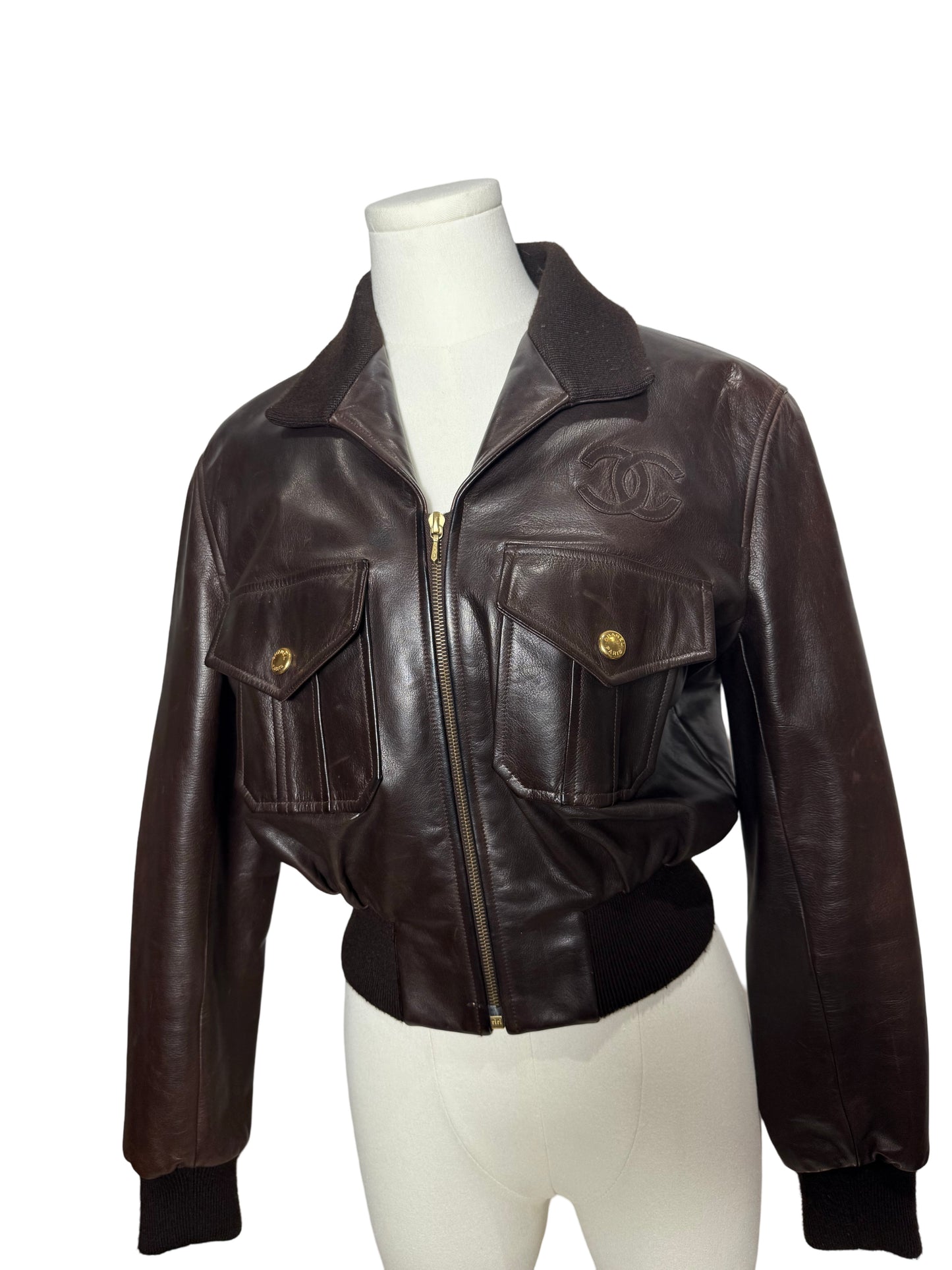 Vintage Chanel Brown Leather Bomber Jacket